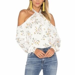 L'Academie Blouse White Floral Open Shoulder Bow At Neck Size M